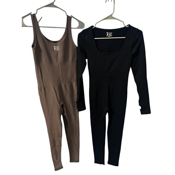 OQQ 2-Pack Womens Ribbed Jumpsuits, Long Sleeve Black, Sleeveless Brown, Slim Fi - Picture 1 of 7